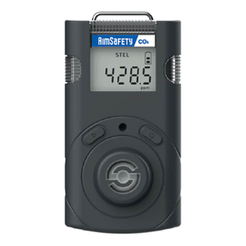 The AimSafety CO2 Single Gas Monitor PM150-CO2, in gray, shows "428.5 ppm" on its screen. Equipped with a circular sensor and operational buttons, this rechargeable monitor ensures reliable carbon dioxide detection for dependable safety monitoring.