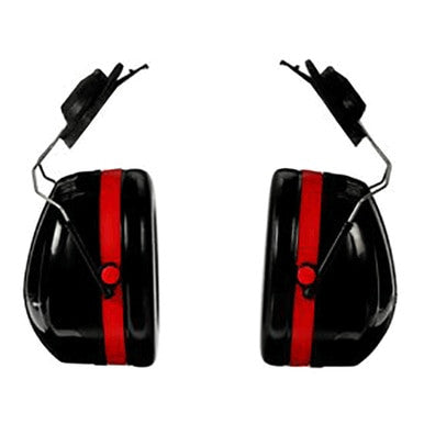 The 3M Peltor Optime 105 Cap-Mounted Earmuffs H10P3E, featuring a black and red design with adjustable metal ear clips, are displayed against a white background. These earmuffs include flip-up covers on top and provide excellent hearing protection with an impressive Noise Reduction Rating.