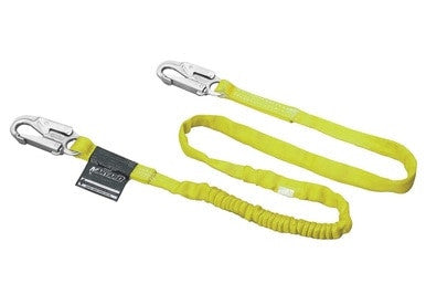 The Miller Manyard 4 ft. Shock-Absorbing Lanyard 216WLS-Z7/4FTYL from Miller Fall Protection is a bright yellow safety lanyard featuring two metal carabiners. Its slightly coiled design and label near one carabiner make it perfect for fall protection, ensuring safety without sacrificing flexibility.