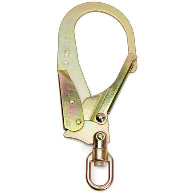 The Skylotec Forged Steel Rebar Hook with Swivel H-146 from Skylotec is designed for securing equipment or climbing, featuring a large, round opening and a swiveling eyelet at the base. It adheres to OSHA Safety Standards and includes a safety latch for enhanced security.