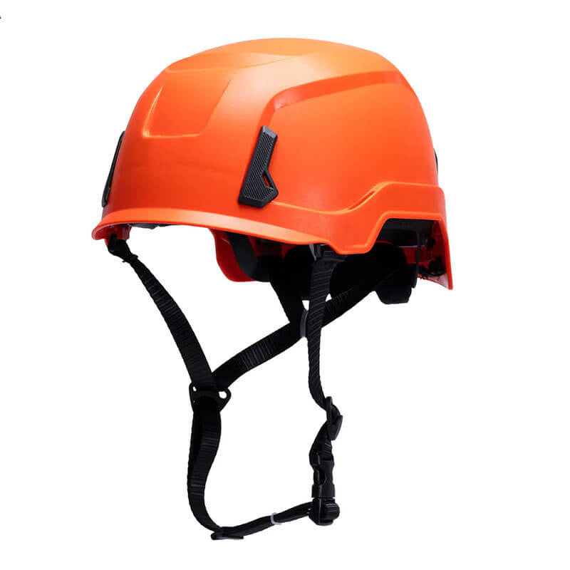 The Pyramex Safety SL T2 Safety Helmet HPT26111_ is an orange helmet with adjustable black straps and clips, ideal for construction or industrial applications. This modern and sleek helmet offers accessory compatibility with side attachments, ensuring enhanced impact absorption and added functionality.