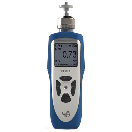 The mPower NEO Photo-Ionization Detector MP181 PPM Kit from mPower Electronics, featuring a blue and white design, displays "0.73 ppm" on its screen. Ideal for monitoring VOCs and indoor air quality, it includes controls labeled "NEO" and "25°C Isobutylene x1.00" along with a top knob for adjustments.