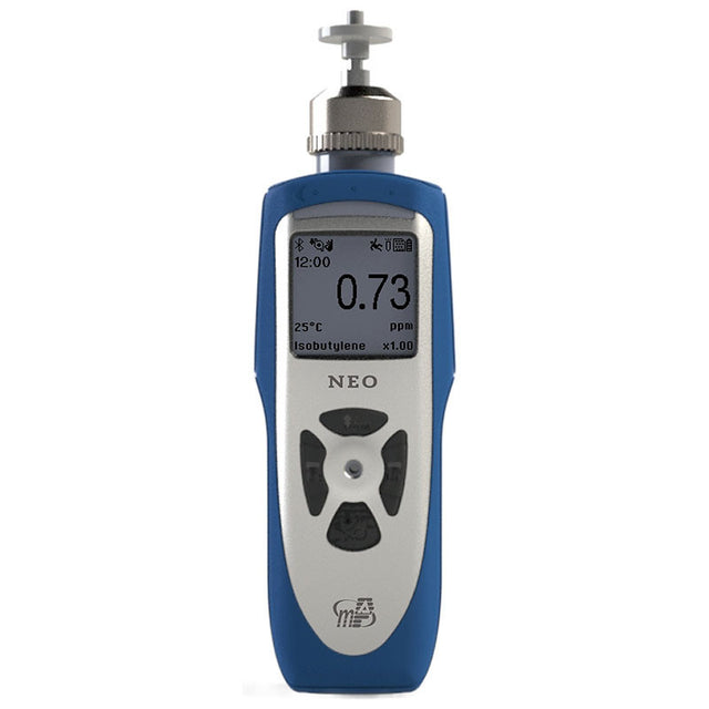 The mPower NEO Photo-Ionization Detector MP181 PPM Kit from mPower Electronics, featuring a blue and white design, displays "0.73 ppm" on its screen. Ideal for monitoring VOCs and indoor air quality, it includes controls labeled "NEO" and "25°C Isobutylene x1.00" along with a top knob for adjustments.