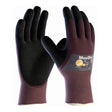 A pair of PIP - Protective Industrial Products' MaxiDry Ultra Lightweight Nitrile Coated Gloves 56-425, featuring black palms and maroon backs, is expertly designed for precision handling. The nitrile coating provides superior protection. The logo and text are printed on the back of one glove, which is displayed upright against a white background.