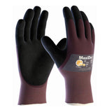 A pair of PIP - Protective Industrial Products' MaxiDry Ultra Lightweight Nitrile Coated Gloves 56-425, featuring black palms and maroon backs, is expertly designed for precision handling. The nitrile coating provides superior protection. The logo and text are printed on the back of one glove, which is displayed upright against a white background.