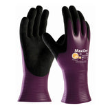 A pair of purple and black GLOVES, PIP MAXIDRY NITRILE COATED from the PIP brand, featuring nitrile nylon for liquid resistance. The textured grip on the palms and fingers contrasts with the smooth back. One glove stands upright facing forward while the other is turned backward, showcasing their versatile design.