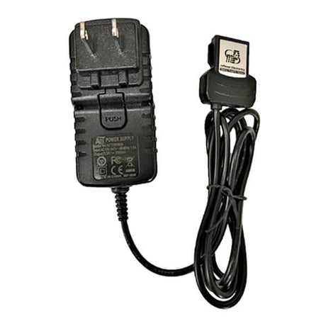 The mPower MP420 US Charging Adapter M020-3006-U00 from mPower Electronics features a black design with a two-prong plug and an extended cable concluding in a proprietary connector. It operates on 100-240 VAC and showcases several certification logos along with comprehensive specifications.