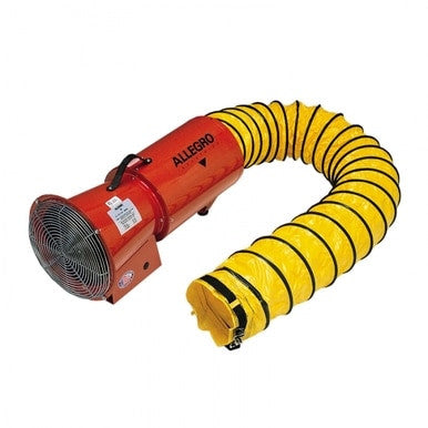 An Allegro 8 in. 12V DC Axial Blower with Canister and Hose 9506-01, known for its robust design in ventilation systems, is connected to a yellow accordion-style flexible hose. The coiled hose has black ribs and a zippered end, making it perfect for axial blower applications in confined spaces.