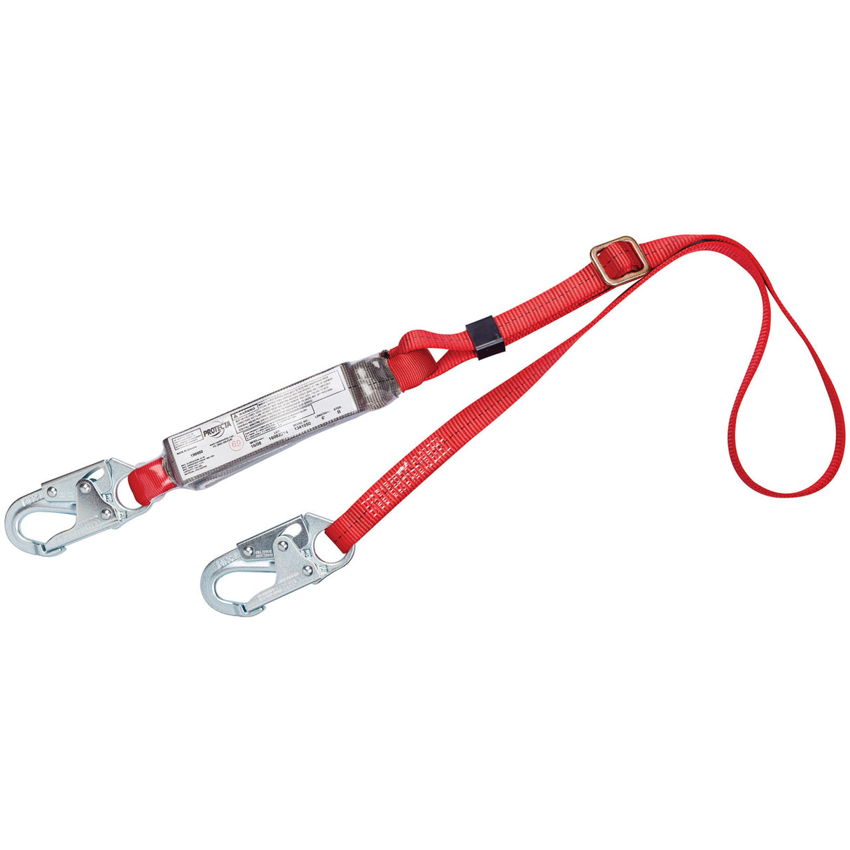 The 3M PROTECTA PRO Pack Shock Absorbing Lanyard 1341050 by 3M DBI-SALA Fall Protection is designed with durable red webbing and features two silver metal hooks on each end. It includes a clear protective cover for displaying safety information, an adjustable buckle, and a loop for secure attachment, offering corrosion resistance in challenging environments.