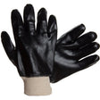 A pair of MCR Safety Economy Single-Dipped PVC Gloves 6100, featuring black chemical-resistant construction with beige fabric cuffs, arranged on a plain background. One glove is displayed face up and the other face down, highlighting the durable design of these shiny PVC gloves.