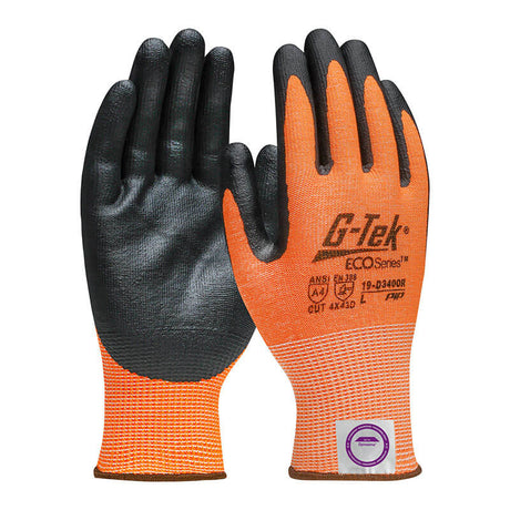 The PIP G-Tek ECO Hi-Vis Dyneema Diamond 2.0 Glove, available in a set of 12 pairs from Protective Industrial Products, features an orange and black design with a seamless knit shell and nitrile-coated foam grips to enhance handling. The left glove is labeled "G-Tek" and meets cut resistance standards, while the right includes a certification badge. These high-visibility gloves provide both safety and visibility on the job.