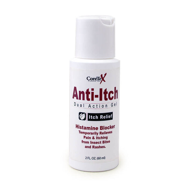 The Cortex Anti-Itch Dual Action Gel Bottle from Coretex, featuring a white label, asserts it can provide temporary relief from pain and itching caused by insect bites and rashes. Infused with Diphenhydramine Hydrochloride, it offers 2 fl. oz. (60 ml) of calming relief.