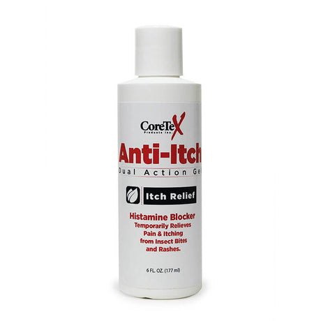 The Coretex Anti-Itch Dual Action Gel Bottle, model 2666, is a white bottle containing 6 fl oz (177 ml) of gel. It offers temporary relief from pain and itching caused by insect bites and rashes with the help of Diphenhydramine Hydrochloride as a histamine blocker.