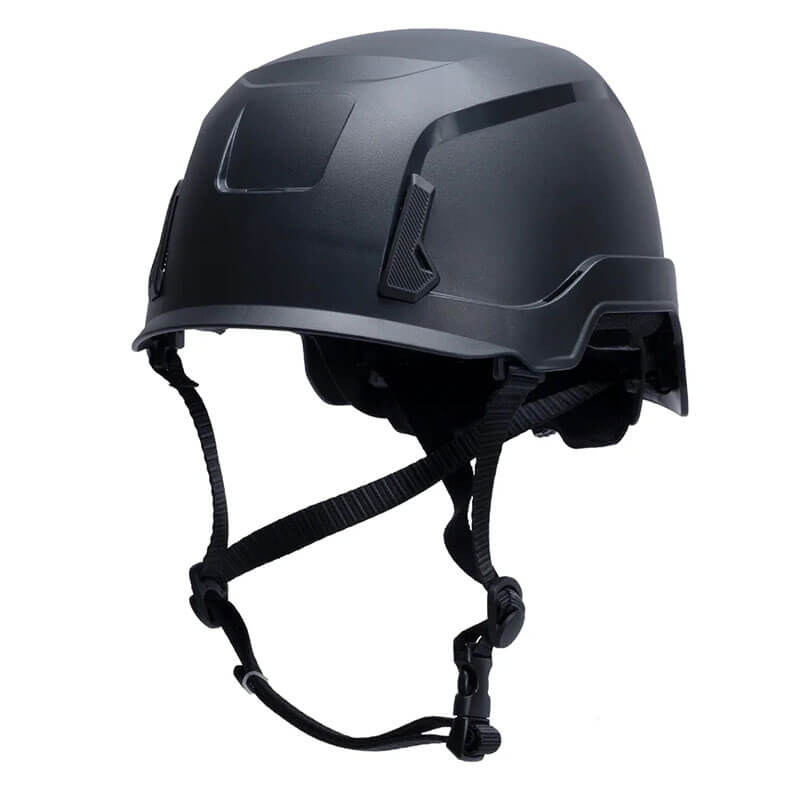 The Pyramex SL T2 Safety Helmet HPT26111, offered by Pyramex Safety, is a black tactical helmet designed for use as a safety helmet. It features a smooth surface and adjustable chin straps. This modern design includes angular lines and integrated attachment points for enhanced impact absorption and functionality, ensuring accessory compatibility.