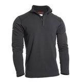 Introducing the NSA DRIFIRE Power Grid FR Fleece 1/4 Zip pullover in dark gray, designed for men with moisture-wicking properties. This stylish high-collar pullover is crafted from fire-resistant fleece and features a subtle pattern of textured horizontal stripes, as well as intricate stitching details on the shoulders and sleeves. The partially unzipped zipper reveals the NSA logo inside the collar.