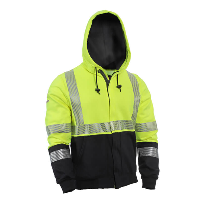 The NSA DRIFIRE FR Hi-Vis Hybrid Zip Hoodie Class 3 SWSHEHZC3-_ _ is an Arc Rated 19 cal/cm² hoodie in high-visibility yellow and black, featuring reflective silver stripes on the chest, arms, and waist. This ANSI/ISEA 107 Type R Class 3 hoodie includes a zipper closure and drawstrings for safety and comfort.