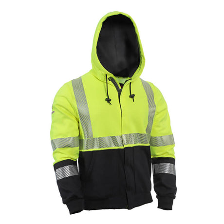 The NSA DRIFIRE FR Hi-Vis Hybrid Zip Hoodie Class 3 SWSHEHZC3-_ _ is an Arc Rated 19 cal/cm² hoodie in high-visibility yellow and black, featuring reflective silver stripes on the chest, arms, and waist. This ANSI/ISEA 107 Type R Class 3 hoodie includes a zipper closure and drawstrings for safety and comfort.