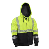 The NSA DRIFIRE FR Hi-Vis Hybrid Zip Hoodie Class 3 SWSHEHZC3 in bright yellow features reflective silver stripes and offers an Arc Rating of 19 cal/cm². The hoodie has a black lower section and sleeves, a front zipper, and adjustable drawstrings on the hood. It meets ANSI/ISEA 107 Type R Class 3 standards.