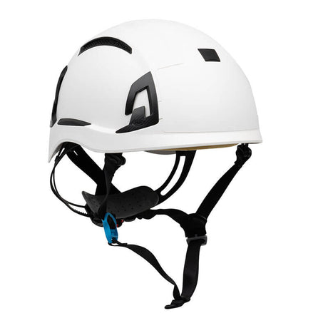 The PIP EVO ALTA Ascend Type II Vented Helmet 280-EVOALTV by Protective Industrial Products is a white helmet with black accents. It features adjustable straps and a chin guard, designed for impact protection, along with ventilation holes and reinforced areas to enhance safety.