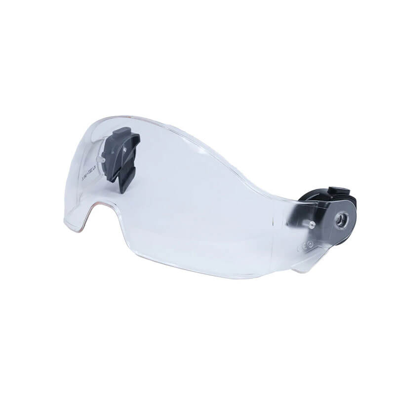 The Pyramex SL T2 Half Visor AF by Pyramex Safety provides anti-fog clarity with adjustable black side clips for a personalized fit, ensuring optimal eye protection. This sleek safety visor is elegantly presented against a plain white background.