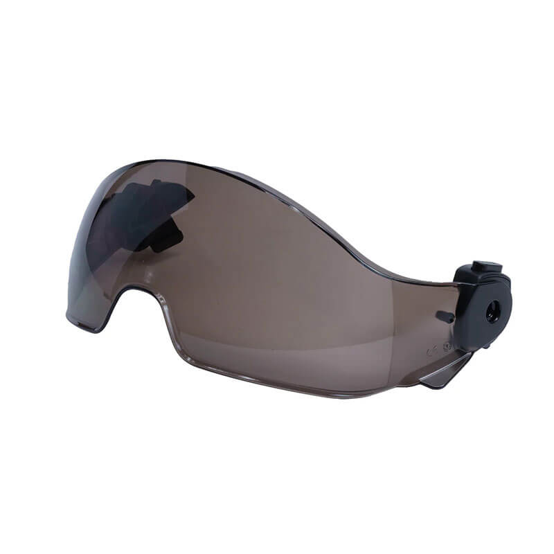 The Pyramex Safety SL T2 Half Visor is a dark-tinted, curved shield designed for excellent eye protection, featuring anti-fog clarity and adjustable side attachments.