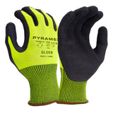 A pair of Pyramex Safety GL508 Crinkle Cut Latex Dipped Gloves in size 9/Large, featuring a bright yellow Hi-Vis design with black textured palms and fingers. These gloves have reinforced cuffs for enhanced safety and grip.