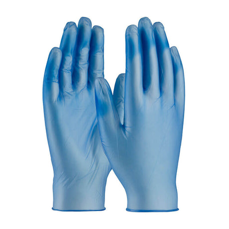 A pair of PIP Ambi-dex Industrial Disposable Vinyl Powder Free Gloves 64-V77BPF, featuring a blue color and conforming to FDA food handling requirements, are positioned vertically with fingers pointing upwards against a plain white background.