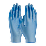 A pair of PIP Ambi-dex Industrial Disposable Vinyl Powder Free Gloves 64-V77BPF is displayed upright against a white background, with fingers slightly apart. Manufactured by PIP - Protective Industrial Products, these gloves are perfect for meeting FDA food handling requirements, ensuring both safety and comfort.