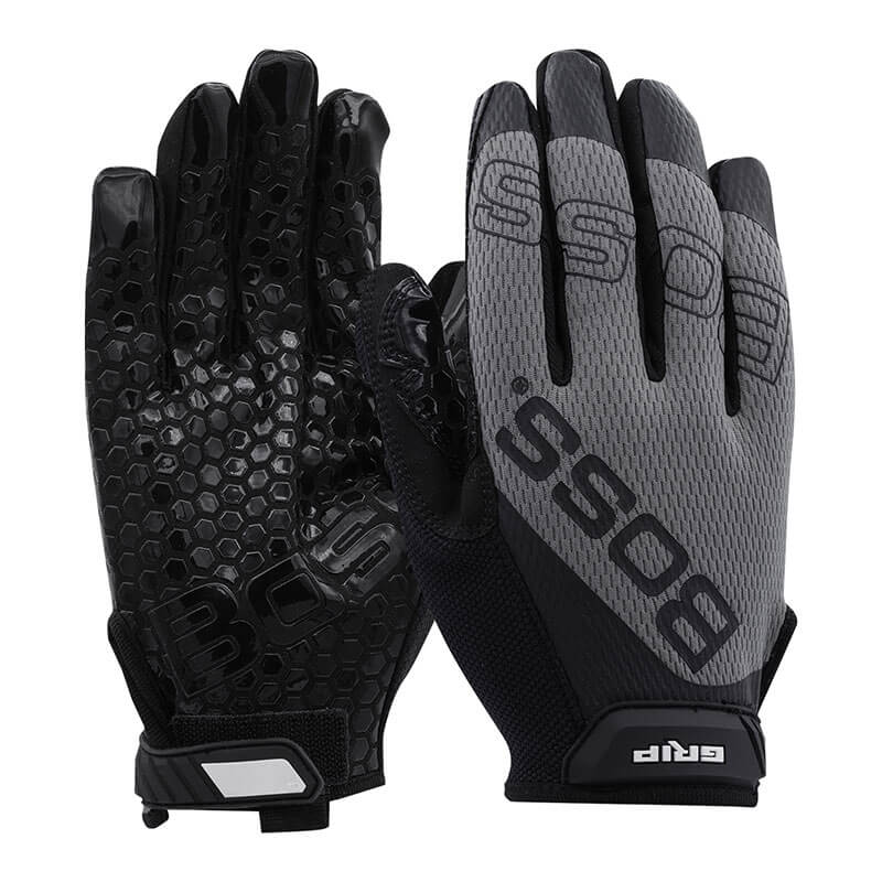 These PIP Boss Grip Mechanics Gloves in black and gray, with the word "BOSS" displayed on the back, have a honeycomb texture and adjustable Velcro straps at the wrists. Specifically designed for mechanics, these gloves are touchscreen-compatible and provide excellent grip and comfort.