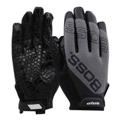 A pair of PIP Boss Grip Mechanics Gloves (model 120-MG1220T), showcasing a black and gray design under the PIP - Protective Industrial Products brand. One glove features the back side with the brand name in black letters, while the other highlights a hexagonal-patterned palm with silicone-coated grip, perfect for ensuring a secure hold.