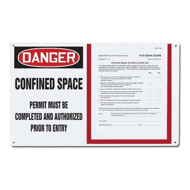 The AccuformNMC Confined Space Permit Holder Board CBS129 displays a warning sign titled "Danger Confined Space" that includes instructions requiring the completion and authorization of a permit prior to entry. It also has an OSHA standards guide checklist on the right side to ensure safety compliance, conveniently located next to the permit holder section.