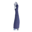 A metallic mannequin hand showcases the PIP Kut Gard ECO Series 2-Ply ASP Aramid Sleeve w/Thumb Hole ASP-18T, a long blue sleeve by Protective Industrial Products. Rated with an ANSI Cut Level A3, this sleeve extends from the fingers to above the elbow and includes a thumb hole for enhanced functionality.