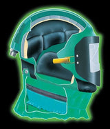 Illustration of the Allegro Nova 2000 Sand Blasting Helmet featuring a green visor, highlighting its inner padding and structure. The design by Allegro focuses on protection and comfort, set against a black background for emphasis.