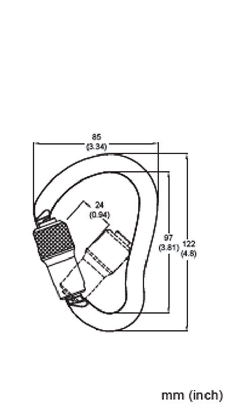 Illustration of the French Creek Aluminum Twist-Lock Carabiner 354-3A by French Creek Production, featuring dimensions in millimeters and inches: width 85mm (3.34in), overall length 122mm (4.8in), gate opening 24mm (0.94in), and an additional measurement of 97mm (3.81in).