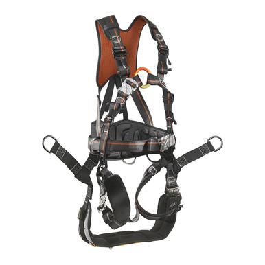 The Skylotec Ignite Proton Tower Harness G-1132-T is a safety harness from Skylotec that features black and orange straps, aluminum D-rings, and adjustable buckles. It includes padded shoulder and waist supports, multiple attachment points for secure fastening, and offers an optional removable suspension seat for added comfort.