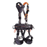 The Skylotec IGNITE ARGON Harness G-US-1133, in a striking black and orange design, comes with multiple straps and buckles. It includes padded leg loops and a comfortable padded waist harness, making it ideal for tree climbing or rope access work. This harness provides secure attachment points to enhance safety and efficiency.