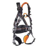 The Skylotec Ignite Proton Wind Harness G-1132-WS, in a striking black and orange design, is displayed against a white background. This fall-arrest safety gear from Skylotec features adjustable straps, comfortable padded sections, and multiple attachment points to ensure secure climbing protection.