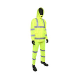 A mannequin is dressed in the PIP Viz ANSI Type R Class 3 Three-Piece Rainsuit 4033, a high-visibility neon yellow waterproof ensemble with reflective stripes. It includes a hooded jacket and matching pants. The mannequin is also wearing black boots against a plain white background, showcasing the quality of Protective Industrial Products (PIP).