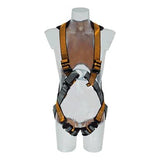 A transparent mannequin showcases a Skylotec ARG 31 SKYFIZZ Harness G-US-0031. The harness features a striking orange color complemented by black straps and includes several adjustable buckles to ensure a secure and comfortable fit, suitable for fall protection during activities such as roofing.