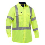 The PIP Bisley X-Back Long Sleeve Work Shirt w/X-Airflow 313M6490X from Protective Industrial Products showcases bright neon yellow fabric accompanied by reflective tape detailing around the chest, arms, and back. It includes long sleeves, two chest pockets, and button closures down the front for enhanced visibility and comfort.