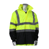 A mannequin displays the PIP Viz All Purpose Waterproof Jacket w/Black Bottom 353-1200, a high-visibility yellow safety jacket featuring reflective gray stripes and a black lower section, designed for ANSI compliance. The jacket, produced by PIP - Protective Industrial Products, is highlighted by its high collar and stands against a plain white background, perfectly embodying both function and visibility.