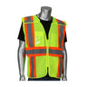 A metallic, featureless mannequin showcases the PIP Expandable Mesh Breakaway Vest 302-0590 by PIP - Protective Industrial Products. This construction safety apparel comes in fluorescent yellow with orange and gray reflective stripes over a black T-shirt. It is partially zipped and features multiple pockets as part of its breakaway design.