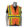 The PIP Expandable Mesh Breakaway Vest 302-0590 by Protective Industrial Products is displayed on a mannequin, showcasing its vibrant orange design with yellow and gray reflective stripes over a black shirt. This construction safety apparel features multiple pockets and is expertly crafted for maximum visibility.