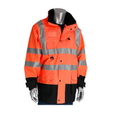 A mannequin displays the PIP All Conditions Coat, Inner Jacket & Vest Combo 343-1756 by PIP - Protective Industrial Products. This high-visibility jacket in vivid orange is crafted from waterproof polyester and includes reflective silver stripes. It features black accents on the cuffs and bottom, multiple pockets for convenience, and a high collar. Meeting ANSI Type R Class 3 standards, this apparel combines safety with style.