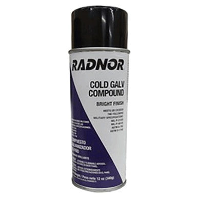 A can of RADNOR 12oz Bright Aluminum Cold Galvanizing Compound, featuring a black cap and a purple and white label. It offers zinc protection, with the label providing essential product information and instructions for effective rust and corrosion prevention.