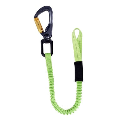 Introducing the PIP Heavy Duty Single Leg Tool Tethering Lanyard in a vibrant lime green, designed with durable nylon webbing and a sleek black carabiner. Its coiled design provides elasticity, and a loop for attachment ensures safety and reliability for all your tethering needs.