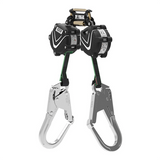 The MSA V-Shock Twin Leg Mini PFL 64111-00A, by MSA, is displayed with a dual retractable design in a black casing. It includes swivel eyelets and two metal hooks connected via webbing straps to the retractors, serving as a personal fall limiter for safety harness use in industrial or construction environments.