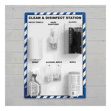 AccuformNMC's Clean & Disinfect Station PRF303 is a wall-mounted hygiene product station that includes labeled sections for paper towels, hand sanitizer, gloves, spray, alcohol wipes, and disinfecting wipes. It features a blue and white striped border and is titled "CLEAN & DISINFECT STATION.