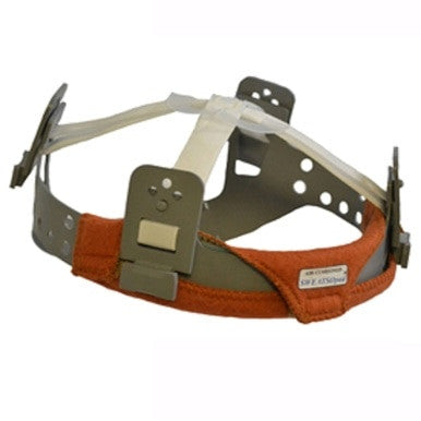 The Weldas SWEATSOpad Hard Hat Liner 20-3200V (2/pk) by Weldas is a gray metal liner with adjustable side clasps and an orange padded front strip, designed as a flame-retardant replacement suspension for hard hats.