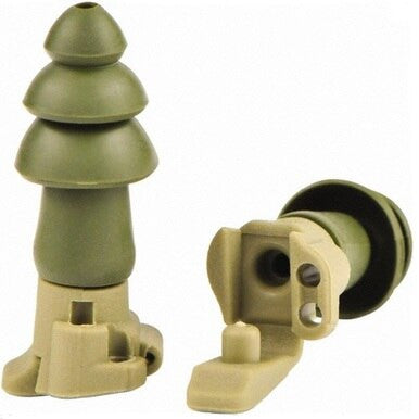 Two Moldex BattlePlugs Shooting Ear Plugs in green and tan feature a tree-like design on top with a mechanical base. One ear plug stands upright, while the other lies on its side, showcasing the attachment mechanism for enhanced hearing protection.